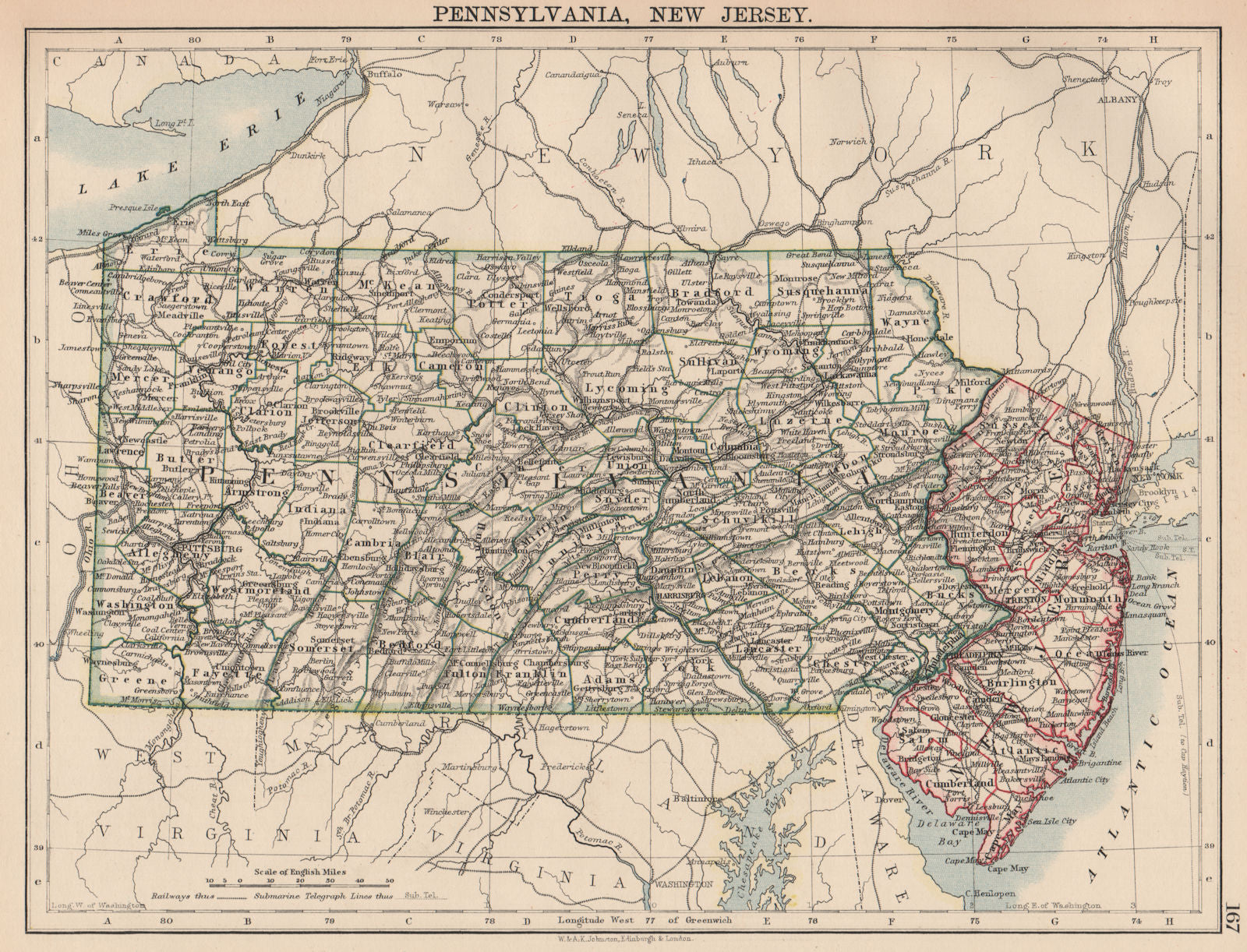 US MID ATLANTIC STATES. Pennsylvania & New Jersey. Counties railroads 1906 map